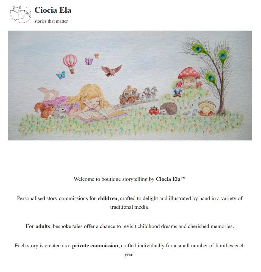 Screenshot of a homepage of a project Ciocia Ela™ - it shows an image of a girl reading a book on the grass, the girl is surrounded by animals from the stories she reads about.